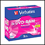 5 DVD-RAM vierge 3x Verbatim 4.7Go en Cartridge T2